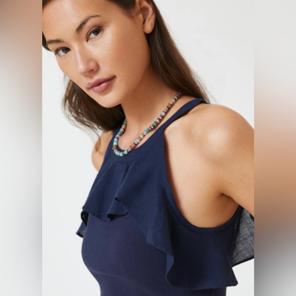 Maeve Anthropologie Ribbed Ruffle Tank Top in Navy - Picture 5 of 12